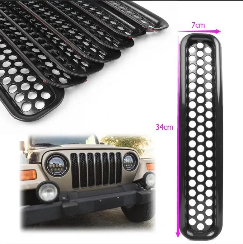 7pcs 34cm*7cm Front Grille Covers Insert Mesh Grill For Jeep Wrangler TJ 1997 1998 1999 2000 2001 2002 2003 2004 2005 2006