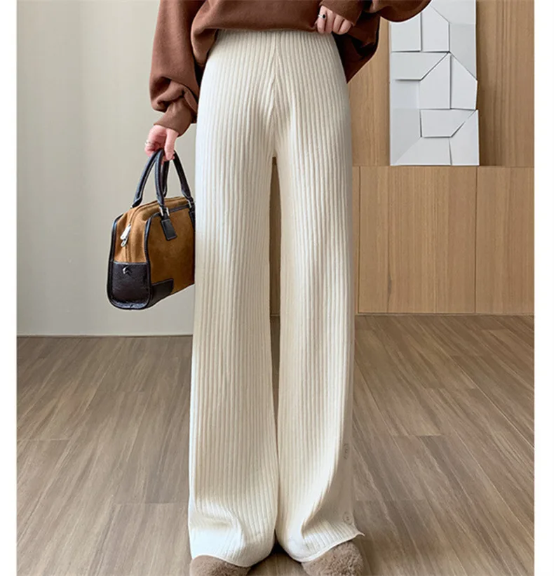 

Ladies' knitted Wide-leg Trousers Autumn-winter High-waisted Split-button Wide-leg Trousers Baggy Vertical Casual Floor Trousers