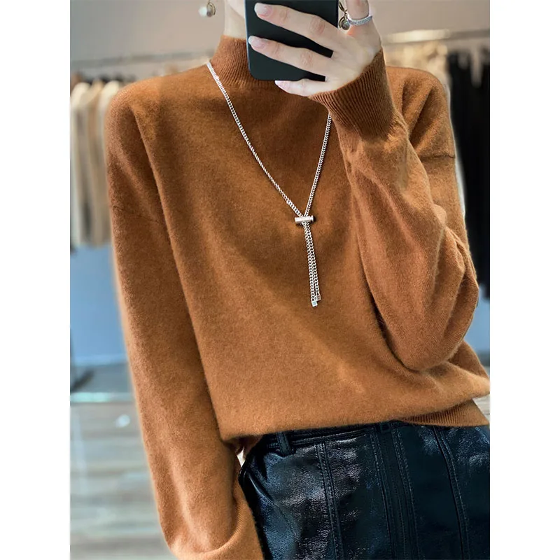 

Cashmere sweater women's high neck sweater knitting 100% pure wool pullover long sleeve warm keeping soft loose oversize top