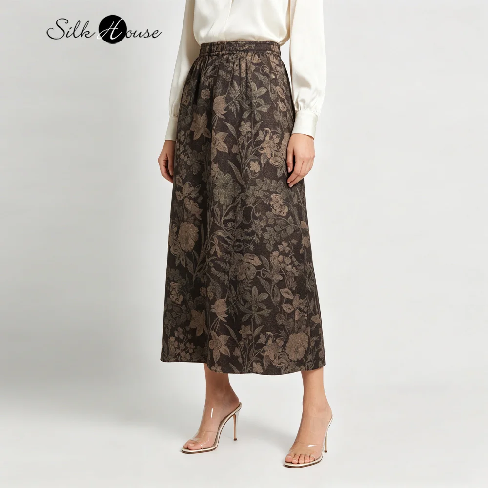 2026 Women's Fashion Summer New 100% Natural Mulberry Silk Gambiered Guangdong Gauze Elastic Waist Retro Printed Skirt