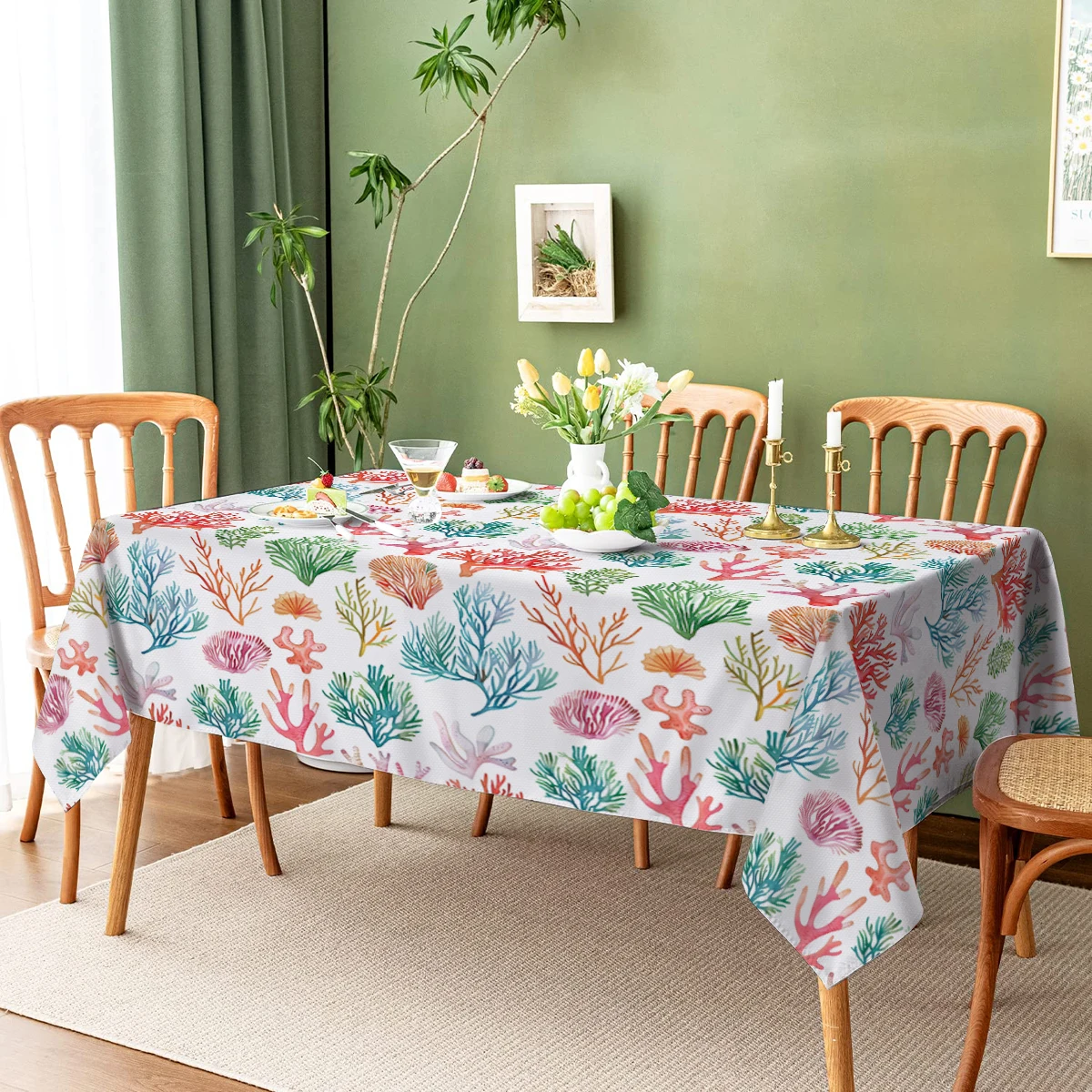 Marine Coral Watercolor Fish Rectangle Decoration Tablecloth Waterproof Durable Table Cloth Kitchen Dining Room Home Decor