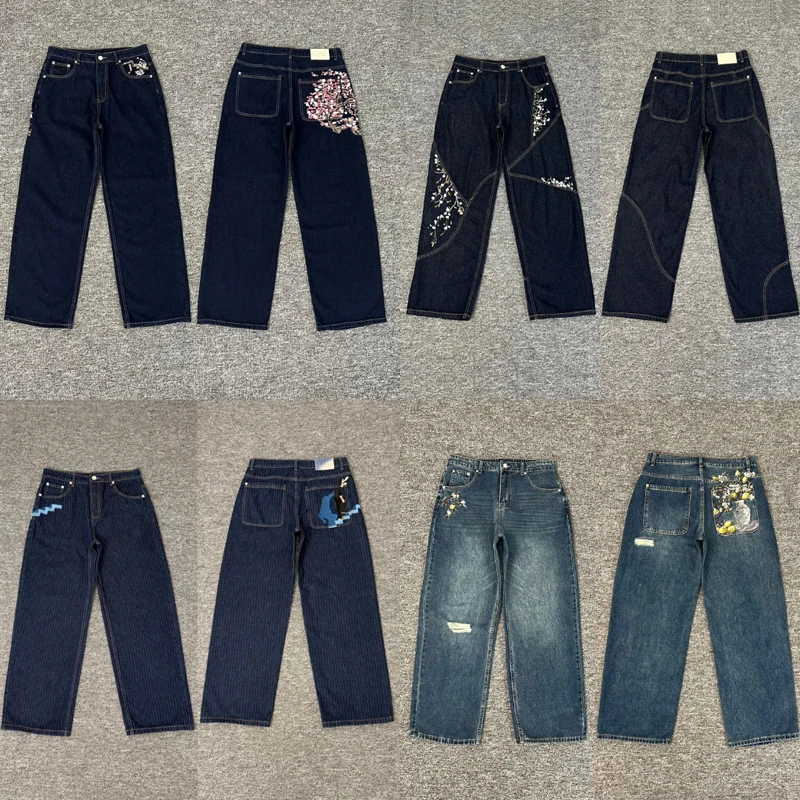 

Dark Blue Derschutze Jeans Men Women Retro Casual Cherry Blossom Embroidery Denim Straight-leg Pants