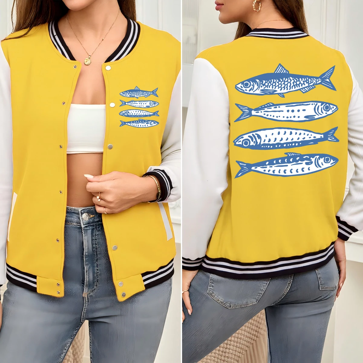 

Ocean Interesting Fish Prints Women Jacket American Loose Streetwear Hip Hop Pocket Female Clothes Autumn Colorful Jackets