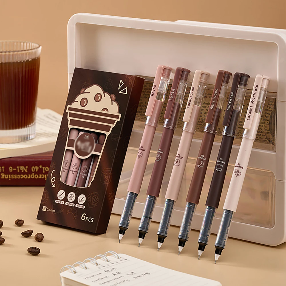

6 pcs coffee themed liquid quick drying gel pens, anti smudging soft pen suitable for note taking, painting, and office supplies