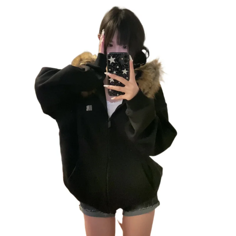 Vintage Letter Print Black Zip Up Hoodies Women Oversized Faux Fur Coat Casual Sweatshirt Autumn Winter Harajuku Jacket Outwear