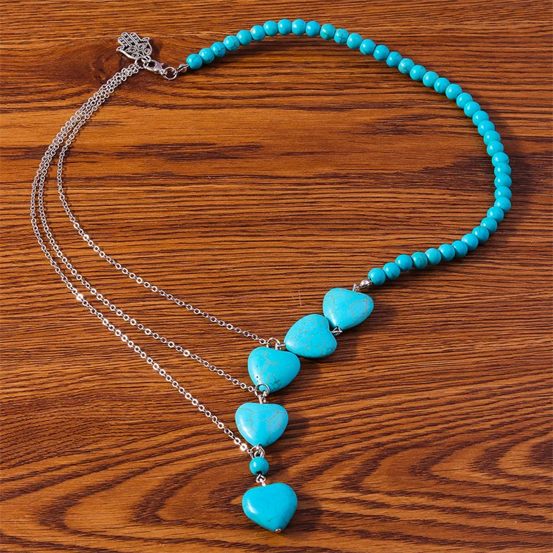 Aihua Böhmen Türkis Stein Herz Halskette für Frauen Halsband Collier Femme Ethnische Halsketten Statement Schmuck – Detail 2