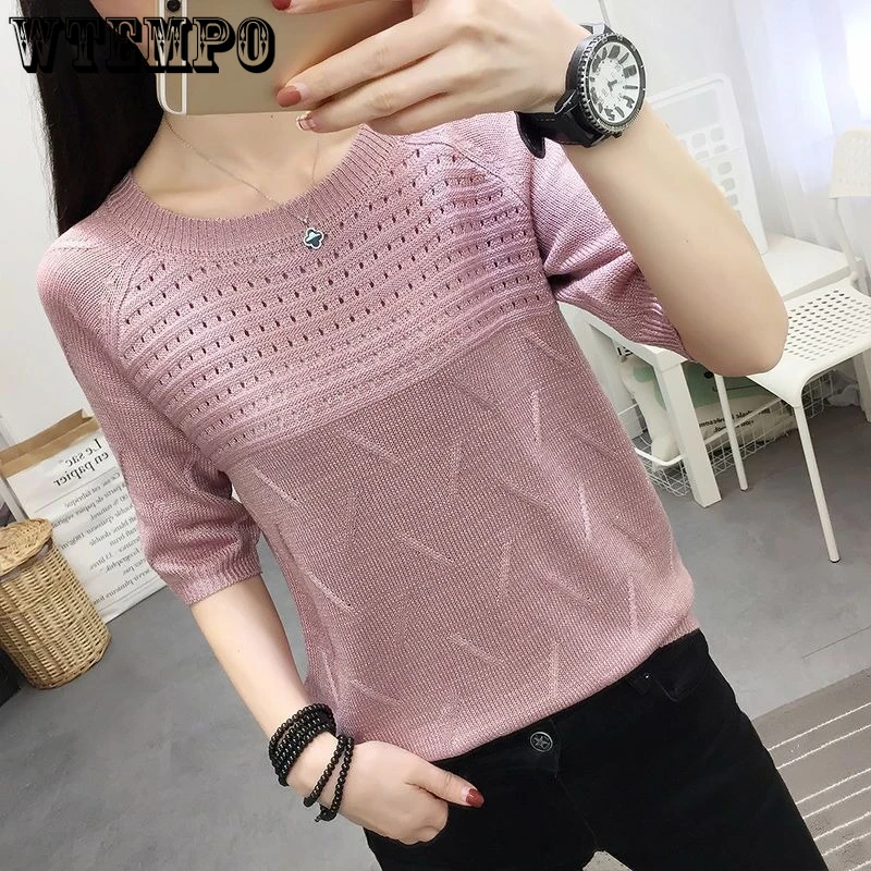 WTEMPO Woman Knit Sweaters Pullover Summer Knitted T-shirt Short-Sleeved Women\'s Loose Hollow Jumper Knitwear