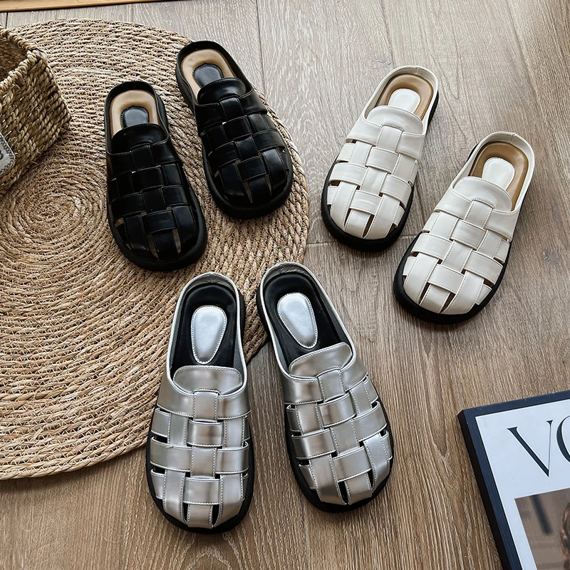 

Women's Slippers Closed Toes 2025 New Woven Platform Slip-On Half Slippers Women Summer Large Size Female Mules