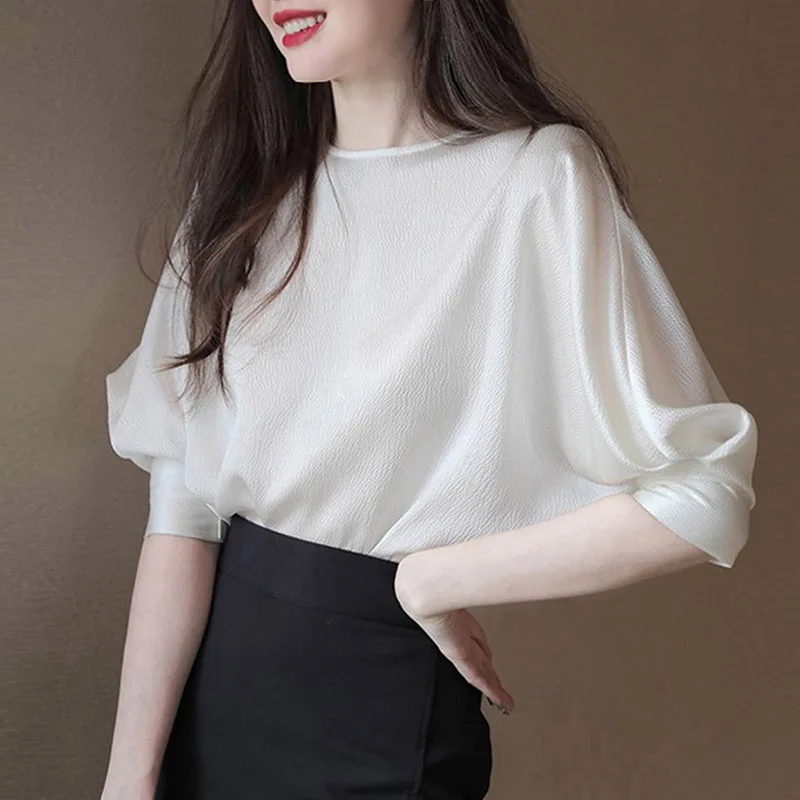 

Summer White Satin O-neck Women's Blouses 2025 New Short Puff Sleeve Elagant Korean Office Lady Casual Loose Shirts Female