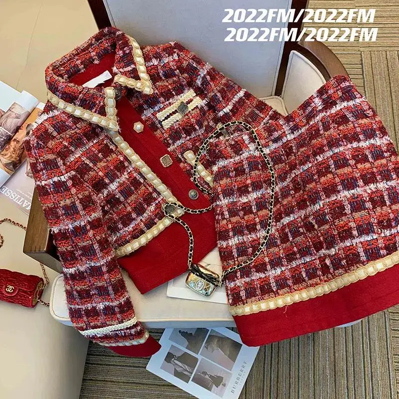 Women Christmas New Year Tweed Houndstoot Red Suit Blazer Jackert Coat Top Mini Skirt Two Piece Set Outfit Winter Warm Clothing