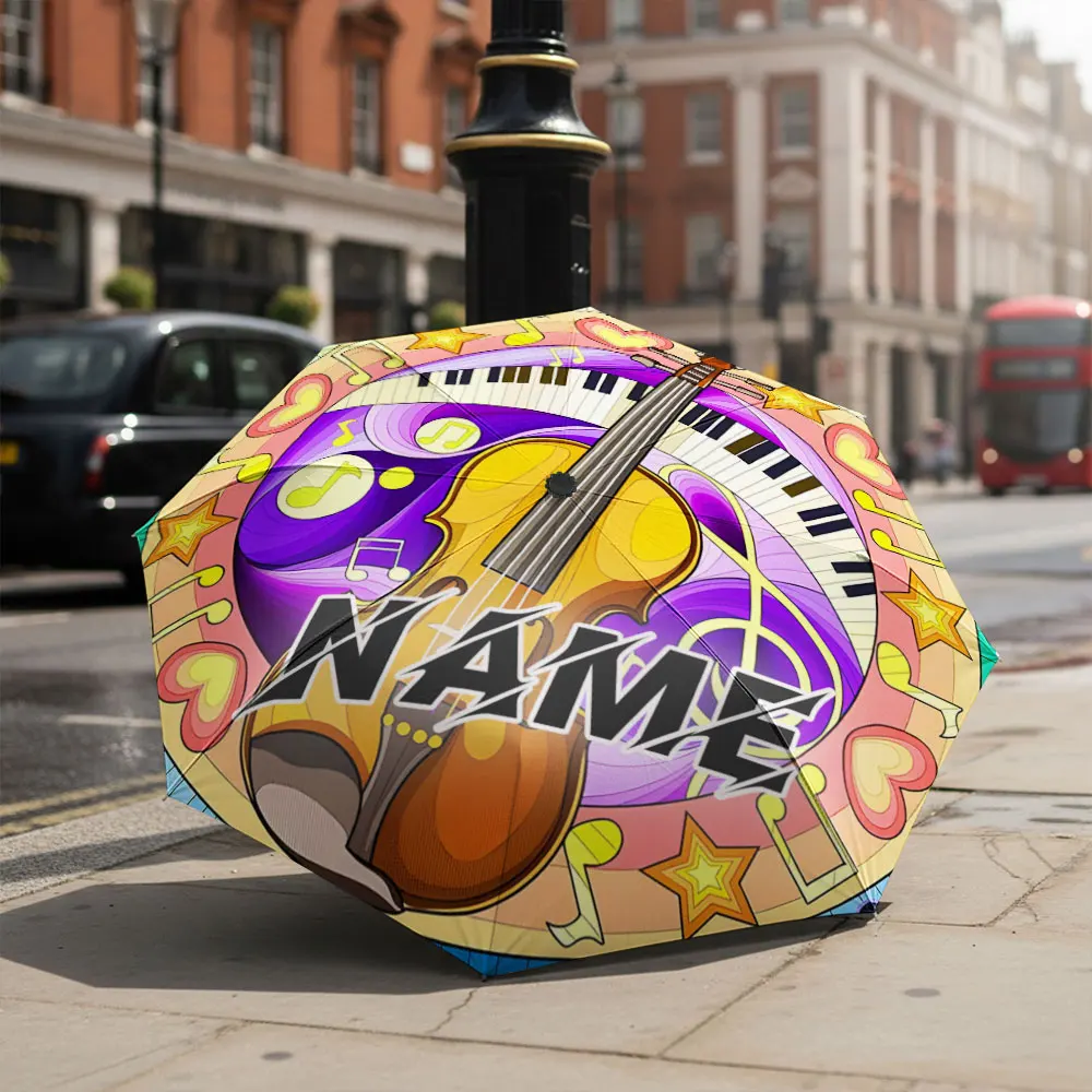 Custom Name Umbrella Violin Piano Musical Notes Colorful Art Print Compact Folding Travel Parasol Music Themed Decorative Gift