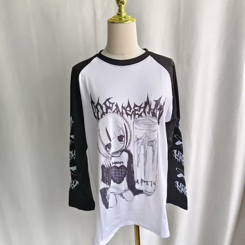 Kimutomo T Shirts Women Cartoon Printed Long Sleeve Loose Fashion Punk Style Grunge Gothic Y2k Aesthetic Harajuku Tops Ladies image 2