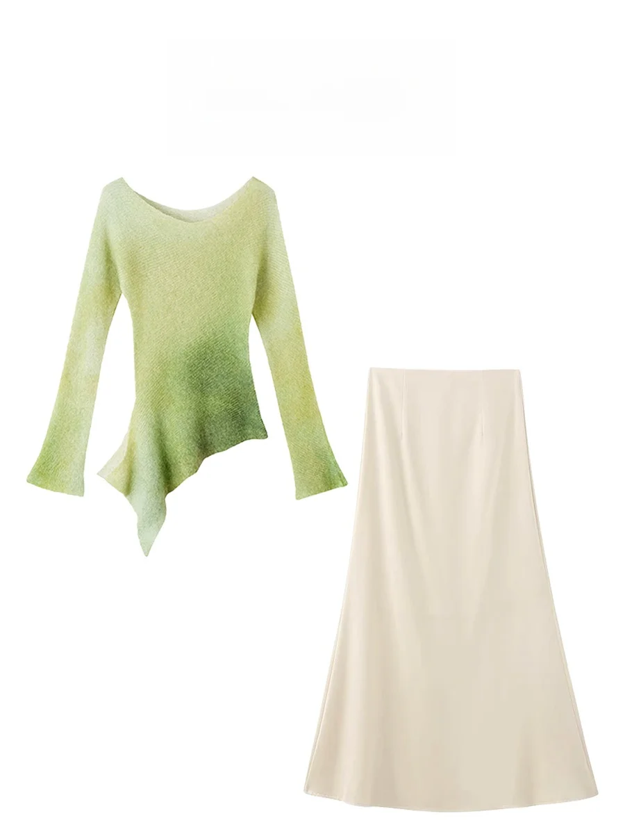 

Parkyeon Design Sensual Asymmetrical Gradient Slim Fit Knitwear High Waist Fish Tail Skirt Two Piece Set Women's Fashion