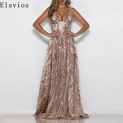 Women Sexy Suspender Spaghetti Gala Dress Fashion High Waist Sequins Party Dress Elegant Sleeveless Split Pleat Evening Dress
