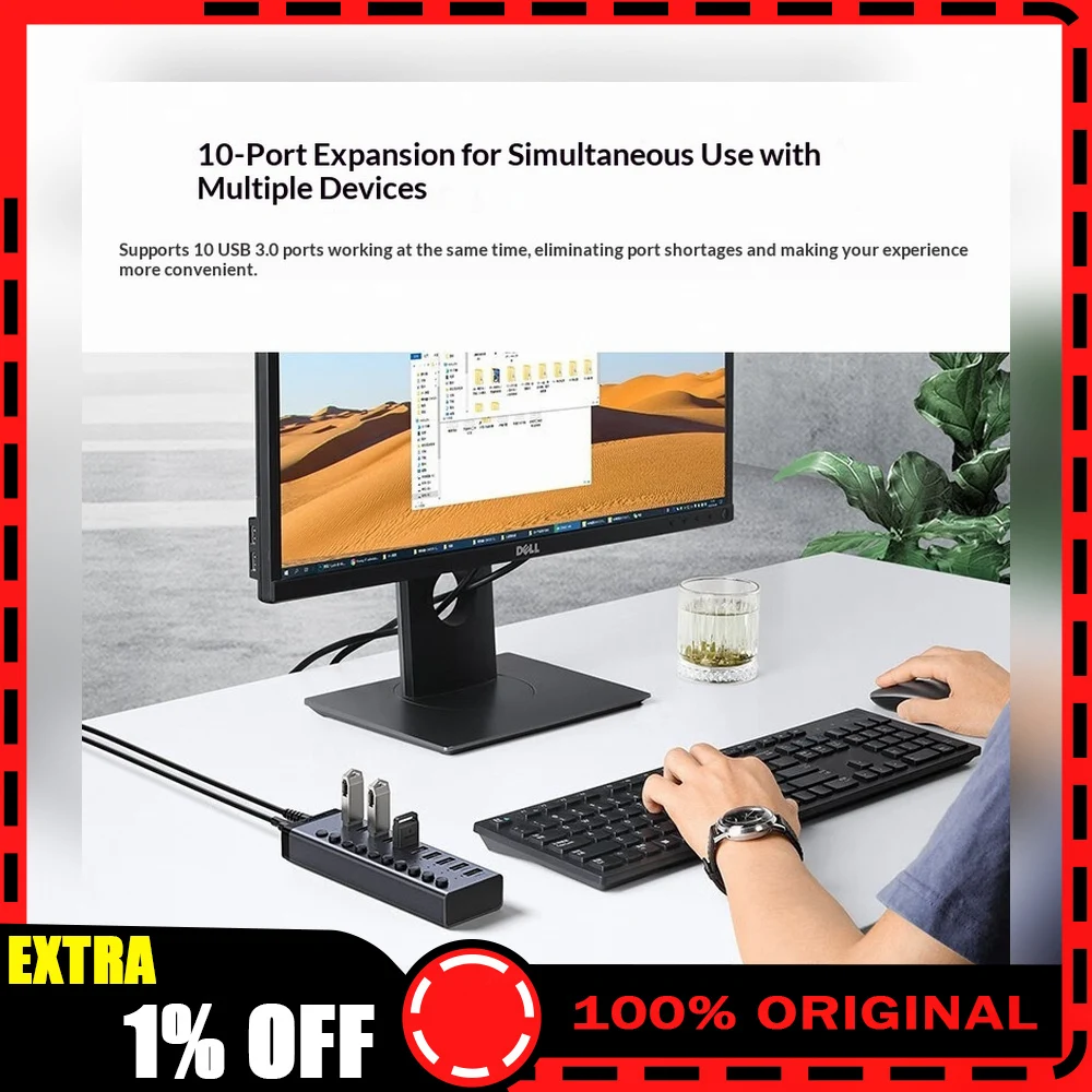 UGREEN 30779 CM482 USB 3.0 Hub 10 Port with Individual Switches 12V 4A Power Adapter USB Splitter for Laptop PC