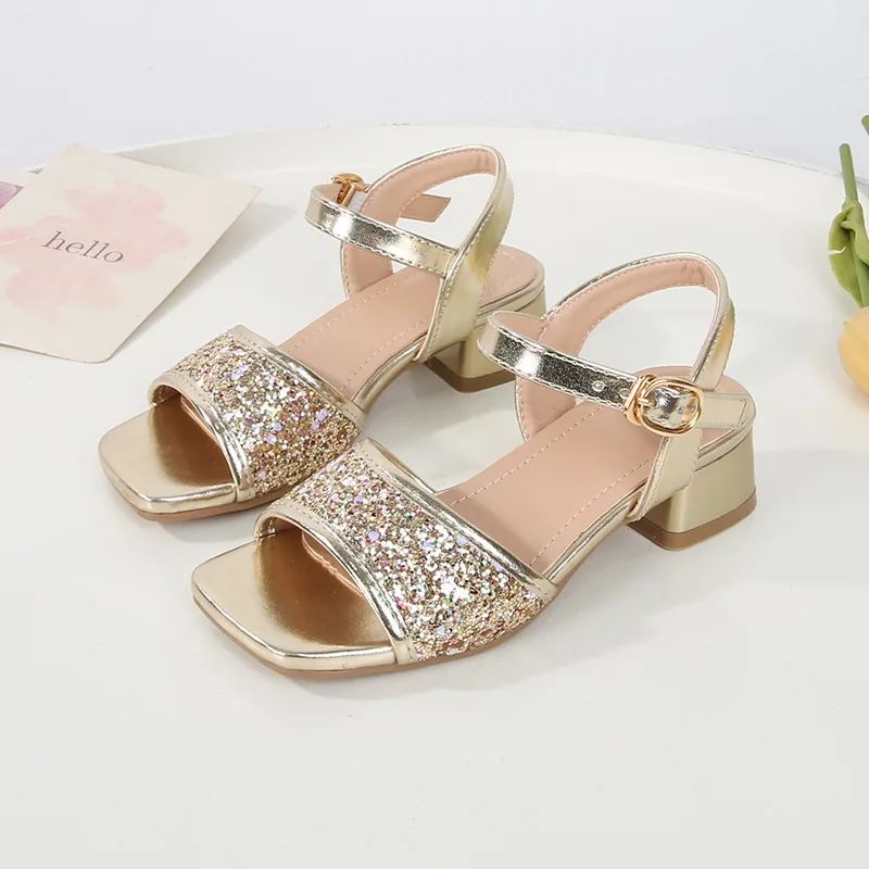 

2026 Summer New Children's Sandals Fashion Girls' High Heels Silver Sequins Open Toed Girls' Princess Sandals for Party Wear