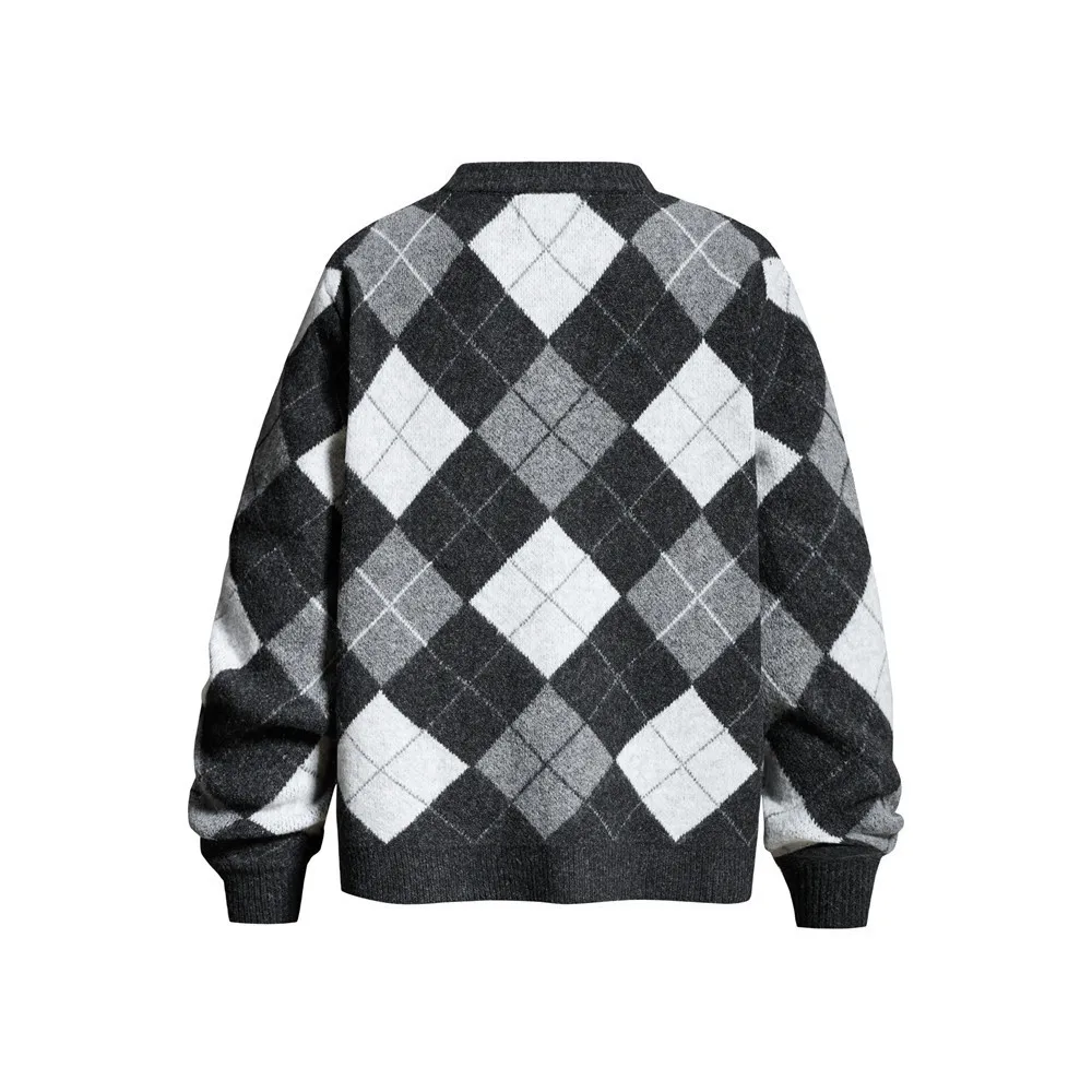 MWJLPWQ Diamond Pattern Round-Neck Sweater Jacket For Men American Trendy Long Sleeve Loose Fit Casual Tops Autumn Winter 20813