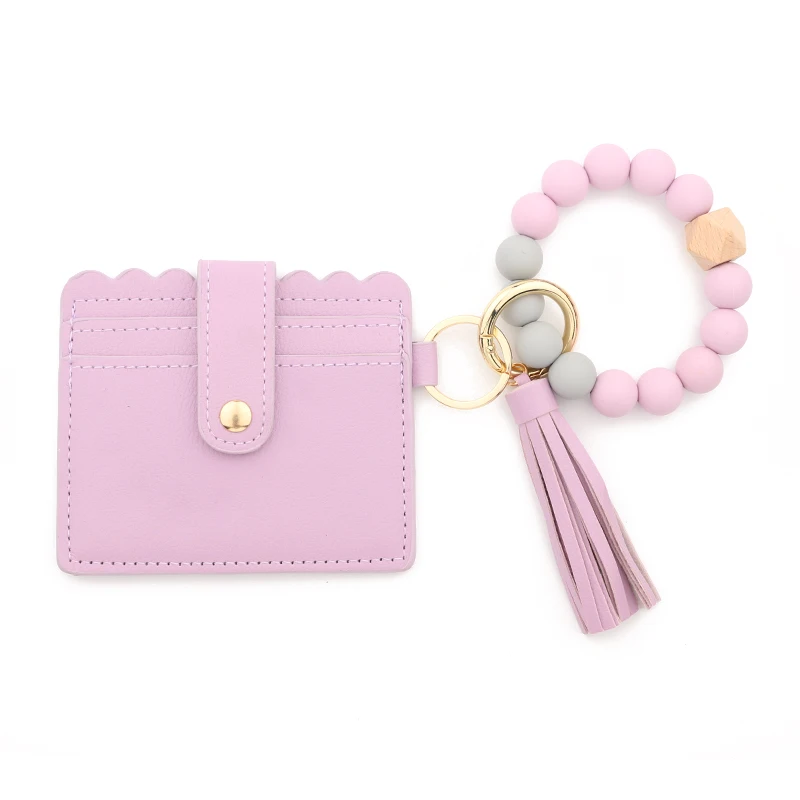 Silicone Bead Bracelet Solid Leather Card Bag Wristlet Keychain Silicone Beaded Bracelet Leather Tassel Wallet Bangle