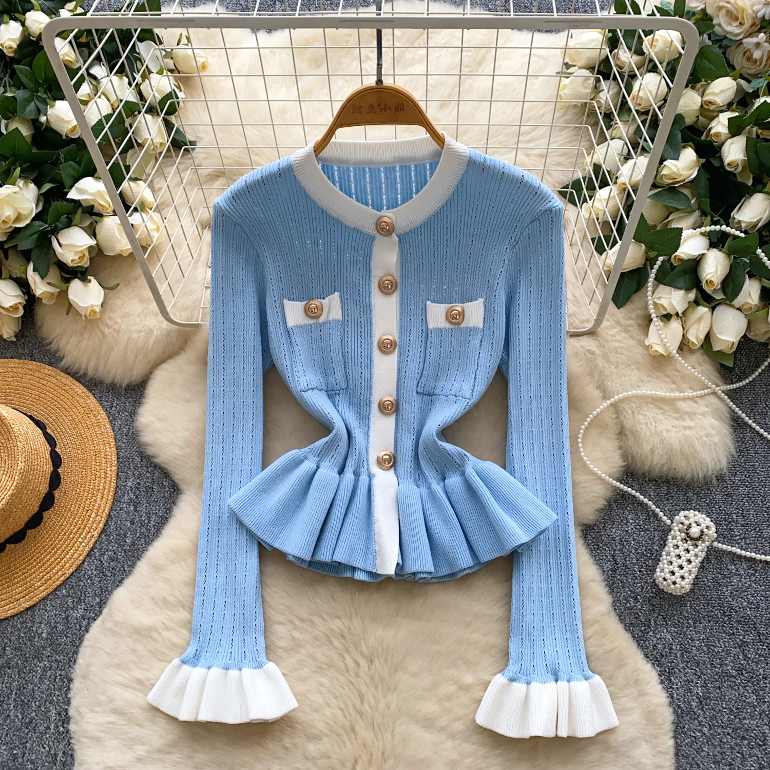 Spring Autumn Long Sleeve Knitted Women Pullover Sweater Small Fragrant Wind Color-blocking Metal Buckle Slim-fitting Knit Tops