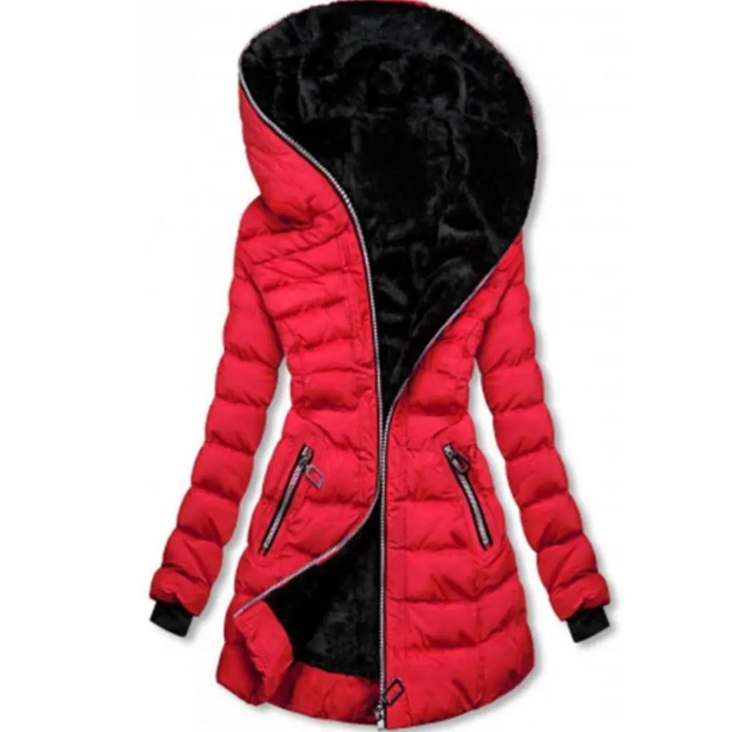 

Women's Winter Hooded Jacket Long Sleeve Solid Color Fleece Lined Zipper Cotton Padded Coat for Generations Hair