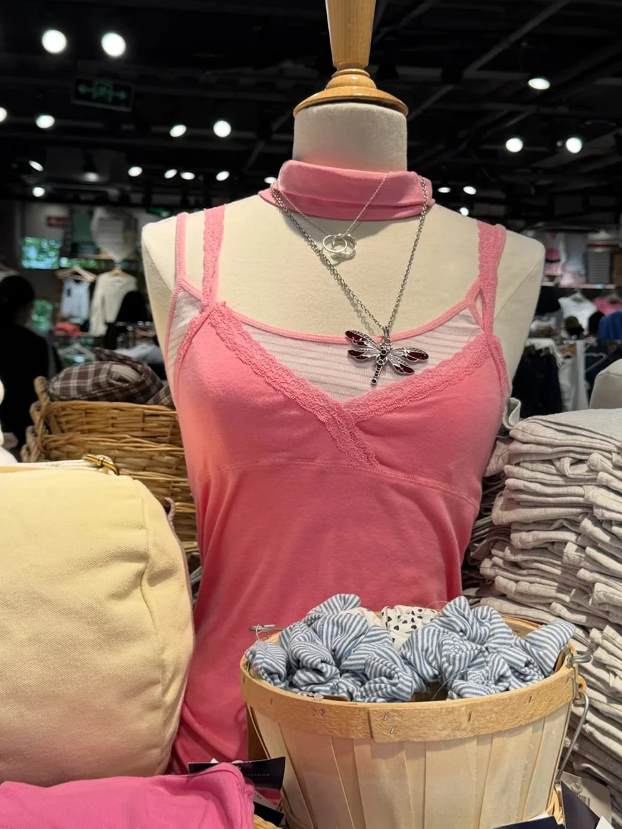 Pink Lace Trim V-neck Camisole Women Summer Casual Streetwear Slim Sleeveless Vests Sweet  Cute Preppy Style Tank Tops Y2K New