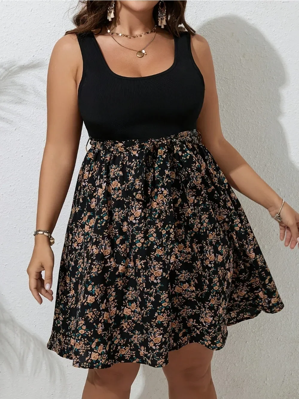 Plus Size Dress Summer Knit Floral Printed Dresses for Women Sleeveless Knee Length Big Size Tummy Control Casual Elegant Dress