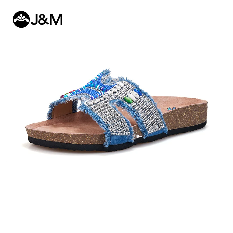 

J&M Fashion Vintage Women Slides Mules Blue Black Slippers Rhinestone Sandals Rubber Sole Outdoor Beach Slides Girl Home Shoes