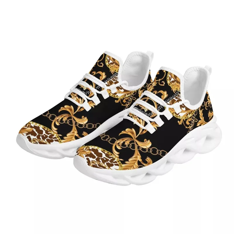 WHEREISART Luxury European Golden Floral Women\'s Shoes Lace Up Ladies Platform Sneakers Couple Party Flat Mesh Leopard Print