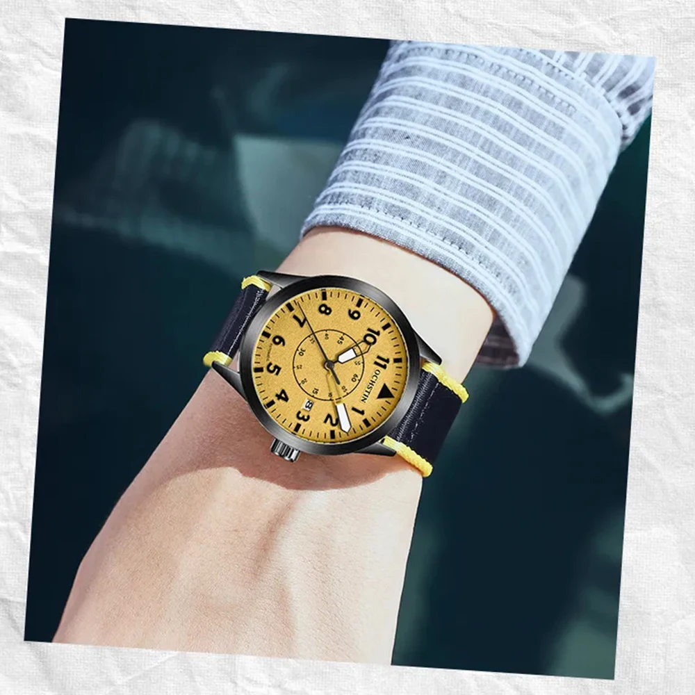 BOLYTE New Fashion Business Automatic Mechanical Watch Mens Time Master Nylon Strap Yellow Dial Calendar Date Clock Montre Homme