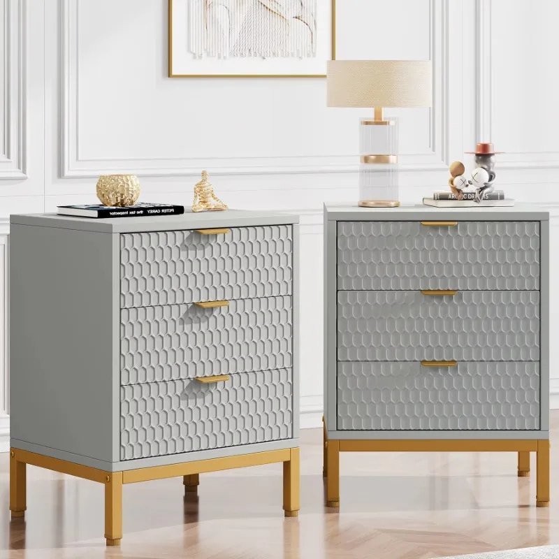 Modern Three Drawer Hexagonal Pattern Wood Leather Bedside Table Multifunctional Luxury Bedroom Furniture Apartment Hotel