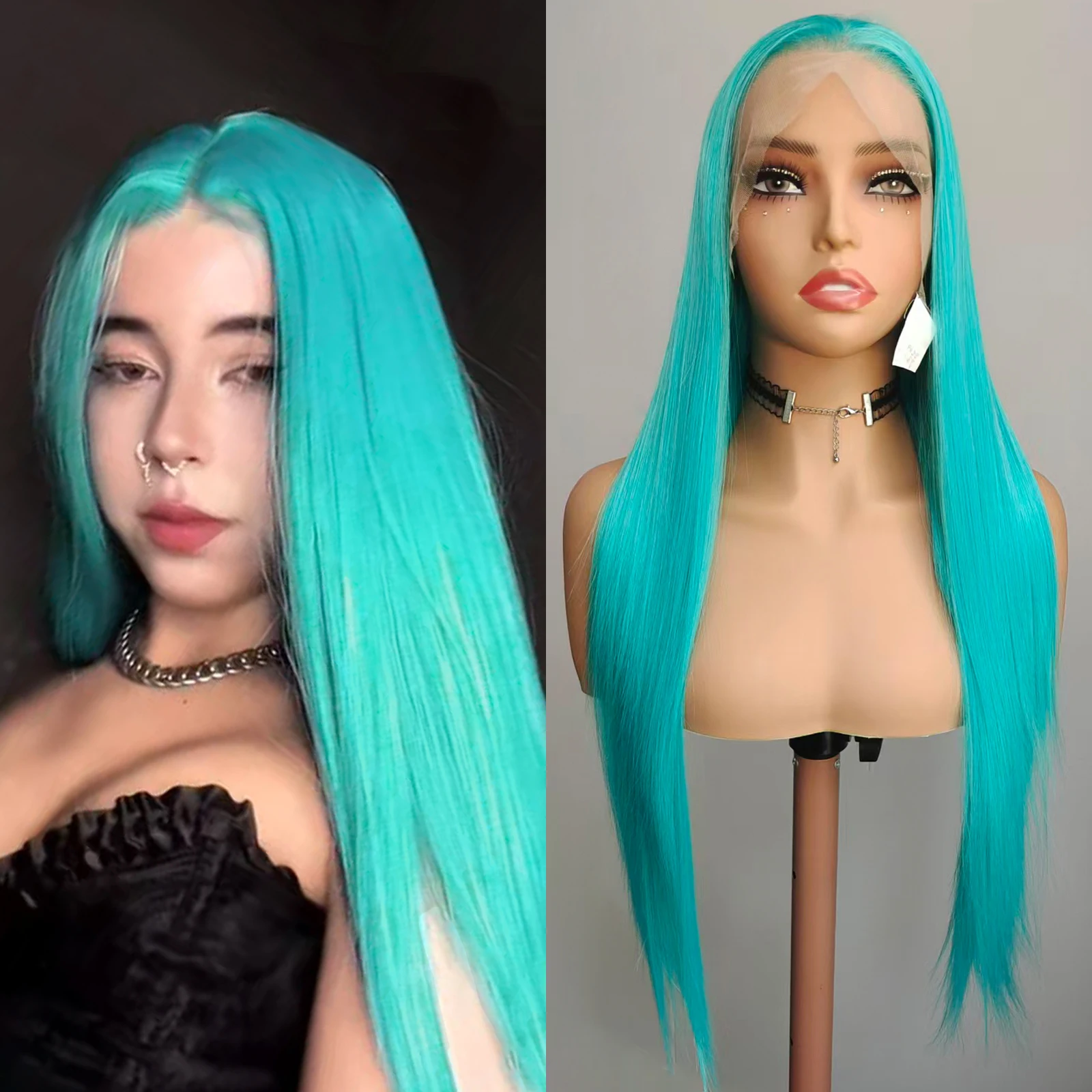 wif-シアンブルー人工毛ストレートブルーヘアレースフロントウィッグ耐熱グリーンブルーコスプレヘア自然な生え際