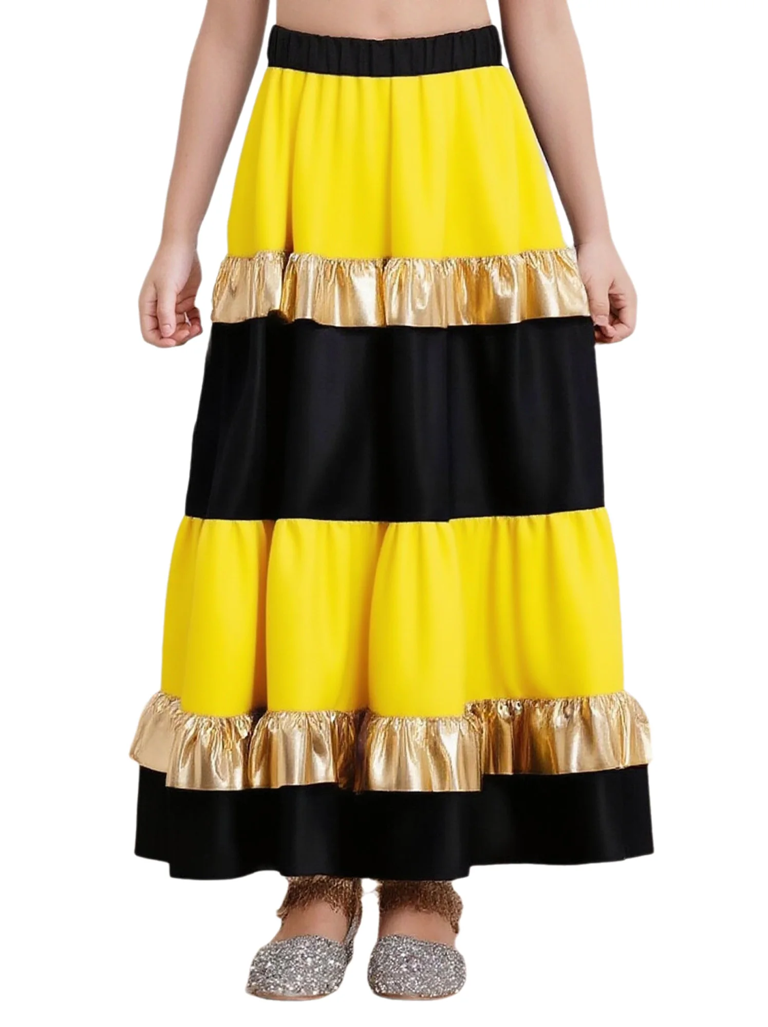 Kids Girls Tiered Ruffled Satiny Waltz Flamenco Spanish Big Swing Maxi Skirts Metallic Shiny Ballroom Dance Performance Costume