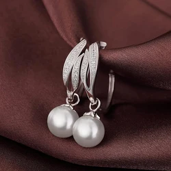 Huitan Simple Elegant Simulated Pearl Hanging Earrings for Bridal Wedding Aesthetic Women's Dangle Earrings Brilliant CZ Jewelry