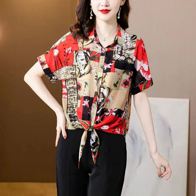 Vintage Printed Fashion Single-breasted Shirt Summer Turn-down Collar Female Clothing Short Sleeve Casual Bandage Loose Blouse