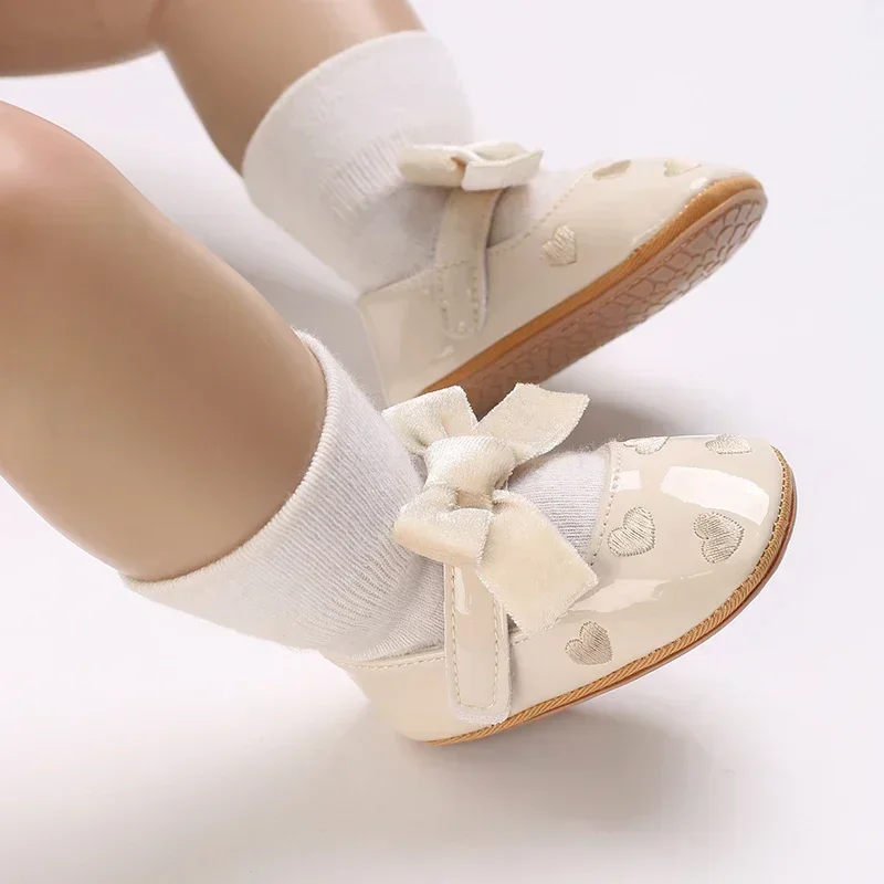 Newborn Apricot Soft and Sweet Princess Shoes for 0-1 Year Old Girl with Bow and Adhesive Sole Outdoor Anti slip Walking Shoes