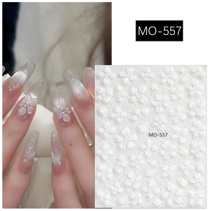 5d Embossed Spring Summer Crystal White Cherry Blossom Flowers Nail Art Decals Stickers For Nails Art Manicures Tips Decorations