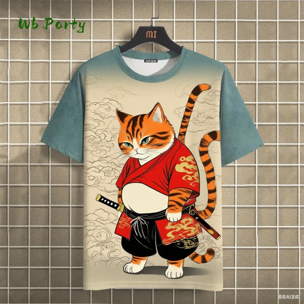Japanese Style T-Shirt Funny Cat Print Oversized Short Sleeve Man T-Shirt O-Neck Casual Men Short Sleeve Tee Neutral Clothing
