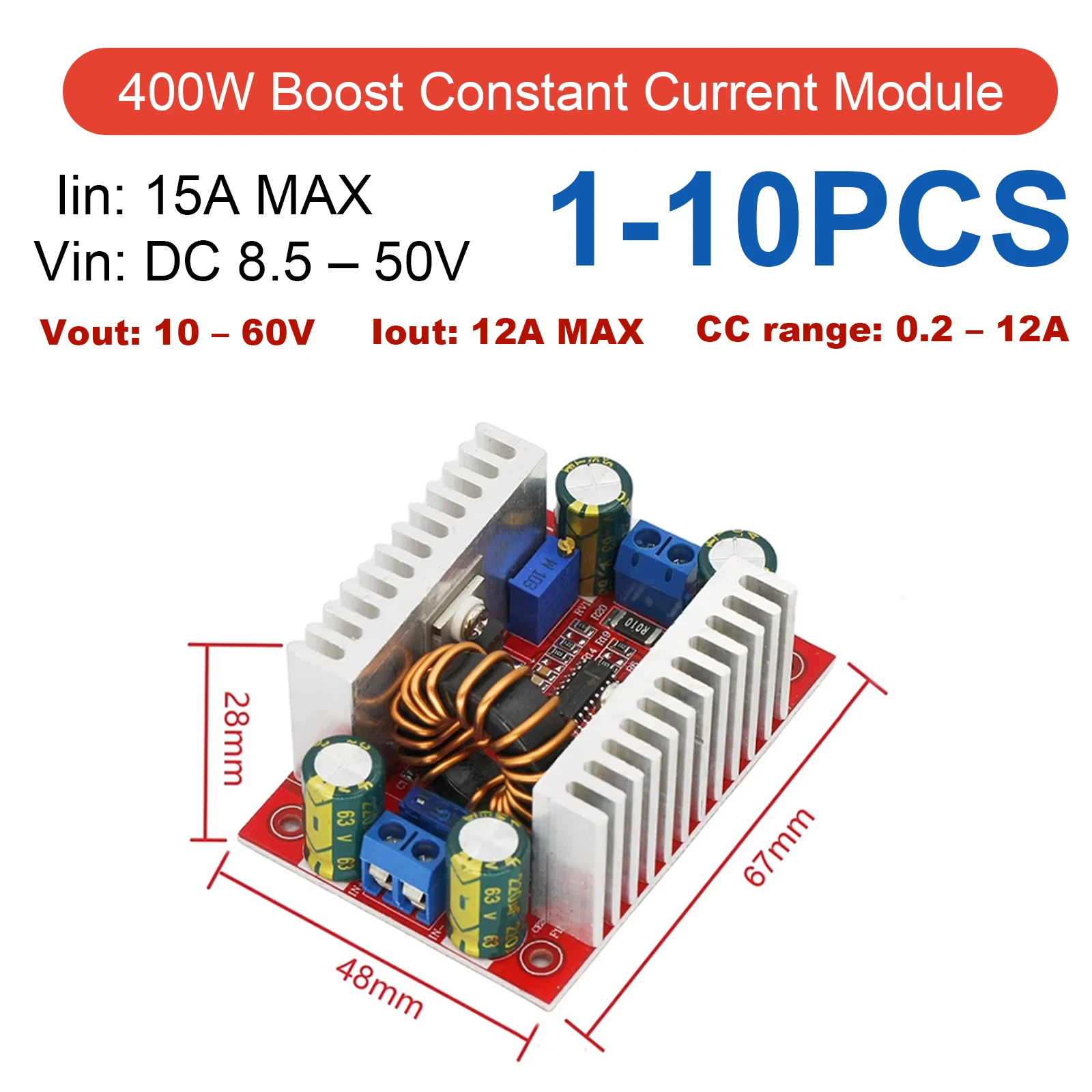 DC-DC Step-up Boost Converter 400W 15A CC Power Supply 8.5V-50V to 10V-60V LED Driver Voltage Charger Step Up Module