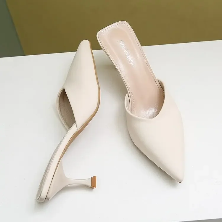 Baotou Half Slippers Women Outdoor Summer Pointed Toe Shallow Mouth Stiletto High Heels Slides Casual Mules Shoes Elegant Beige