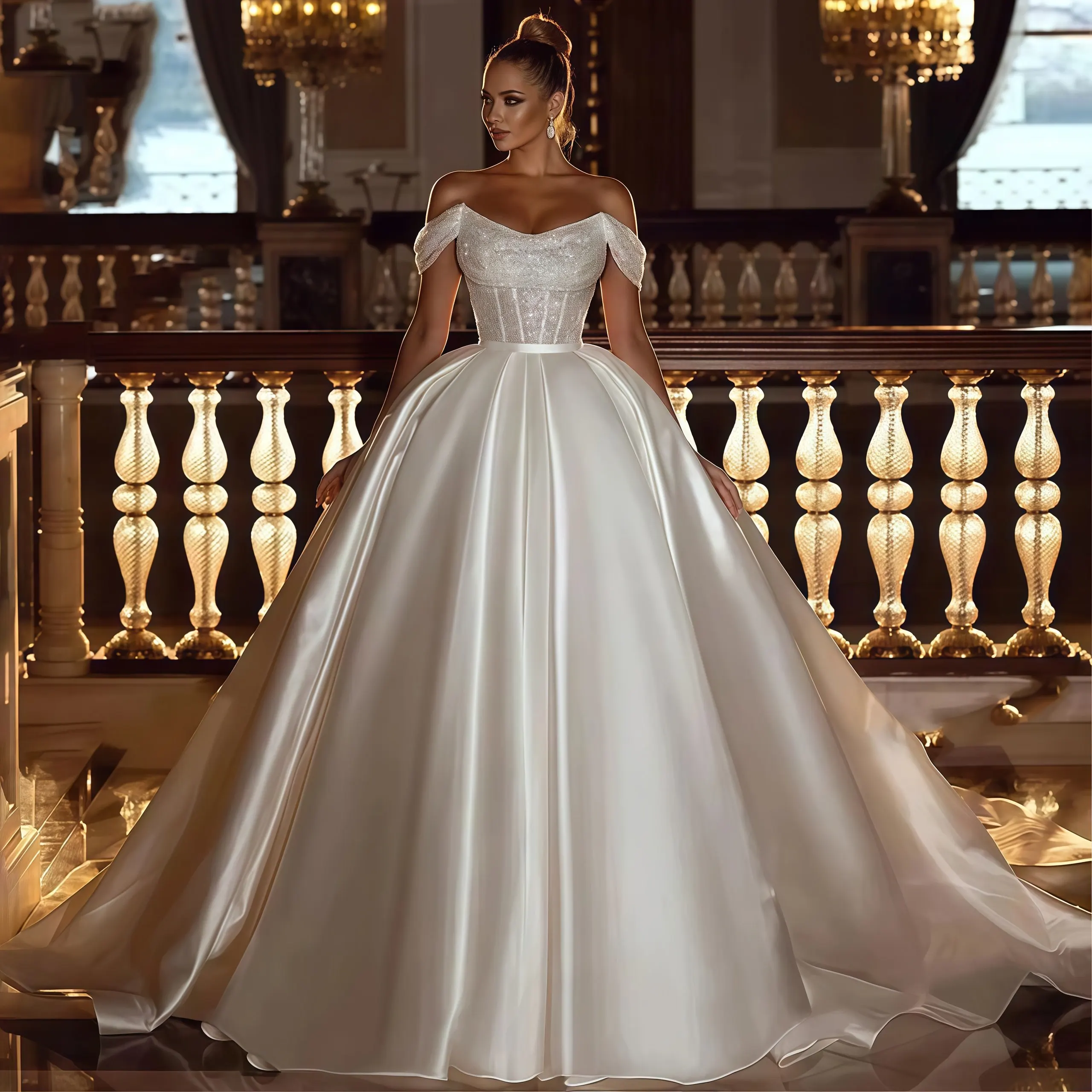 Customized Luxurious Arabic Off the Shoulder Wedding Dresses 2026 Sequins Beads Princess Women's Bride Gowns Satin Robe