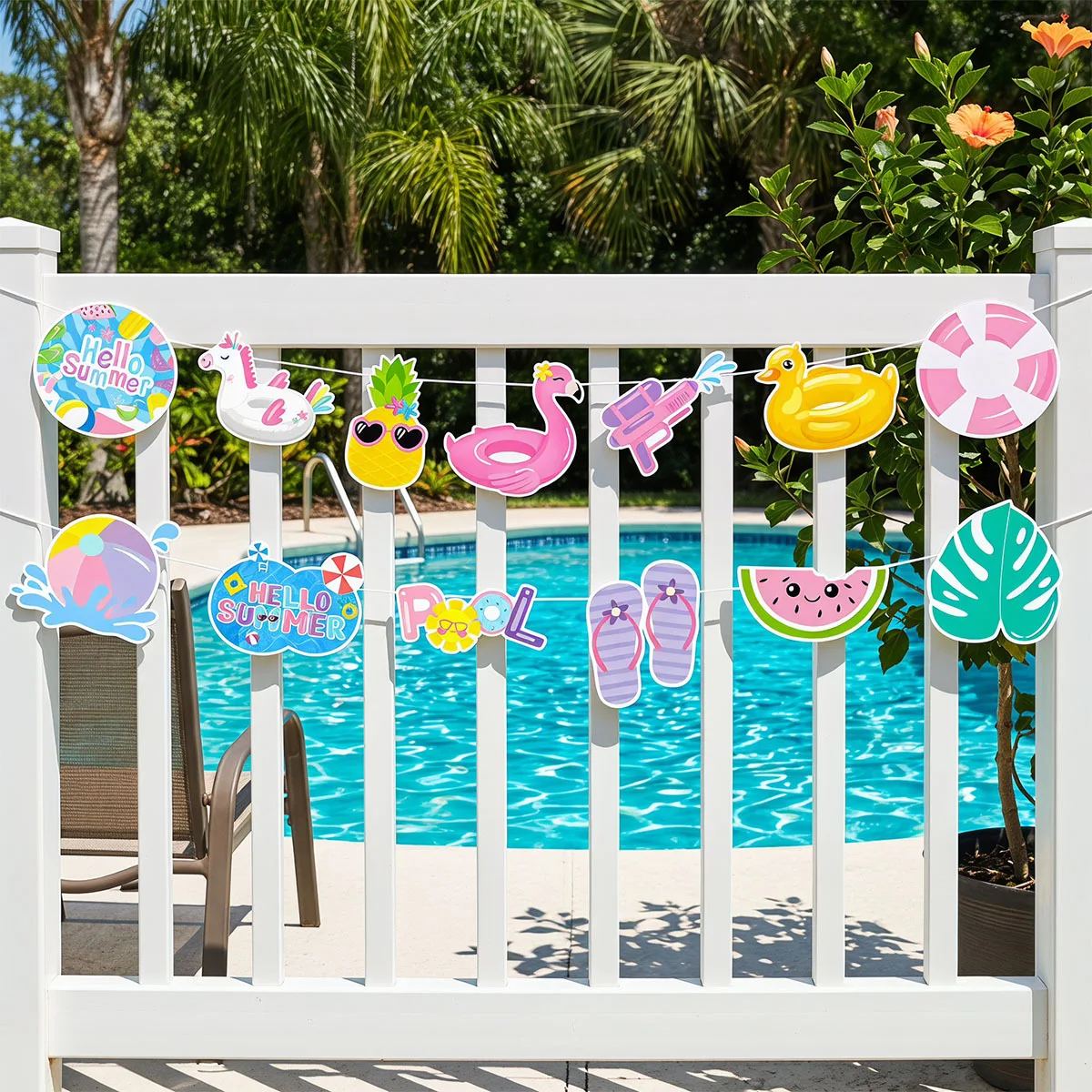 Hello Summer Paper Banner Flamingo Pineapple Watermelon Hanging Sign Birthday Luau Photo Swimming Themed Party Decor Supplies