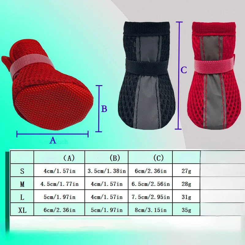 4 Stück/Set Rutschfeste Netz-Hundeschuhe Atmungsaktive Verschleißfeste Haustier-Stiefel mit Reflektorstreifen und Klettverschluss Pfotenschutz – Detail 6