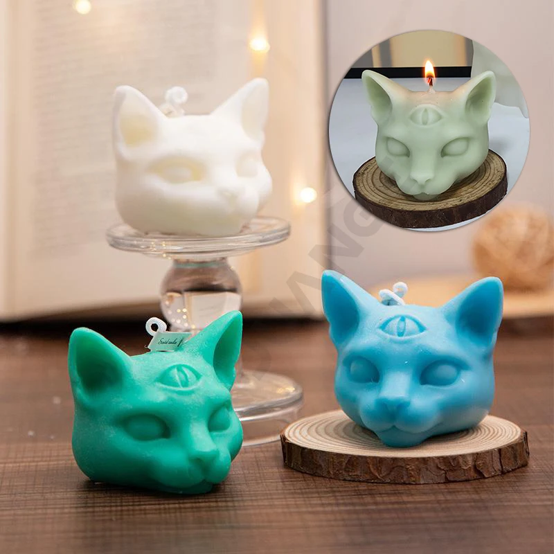 3D Three Eyes Cat Head Aroma Candle Silicone Mold DIY Plaster Epoxy Resin Mould Chocolate Cake Baking Mold Home Decoration