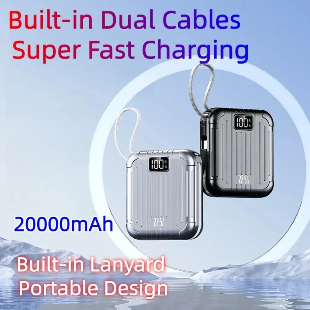 22.5W Super Fast Charging Power Bank, Built-in Dual Cables & Lanyard, Lightweight Compact Portable Charger, Silver Gray