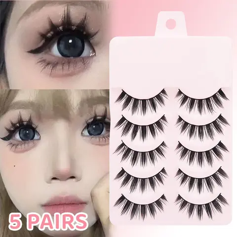 DINGSEN 5 Pairs Manga Lashes Eyes Lashes Soft Natural Long Eyelashes Fake Lashes Anime Wispy Strip False Eyelashes Makeup