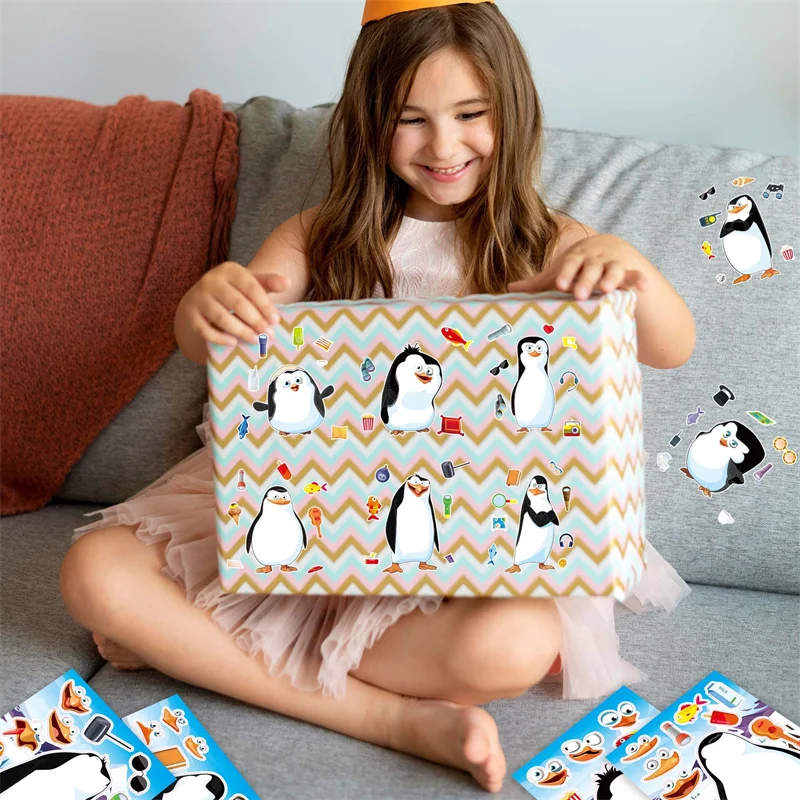 Cute Penguin Stickers For Kids Cartoon Animal Make A Face Puzzle Stickers Children Creative DIY Toys School Reward Decal Gifts