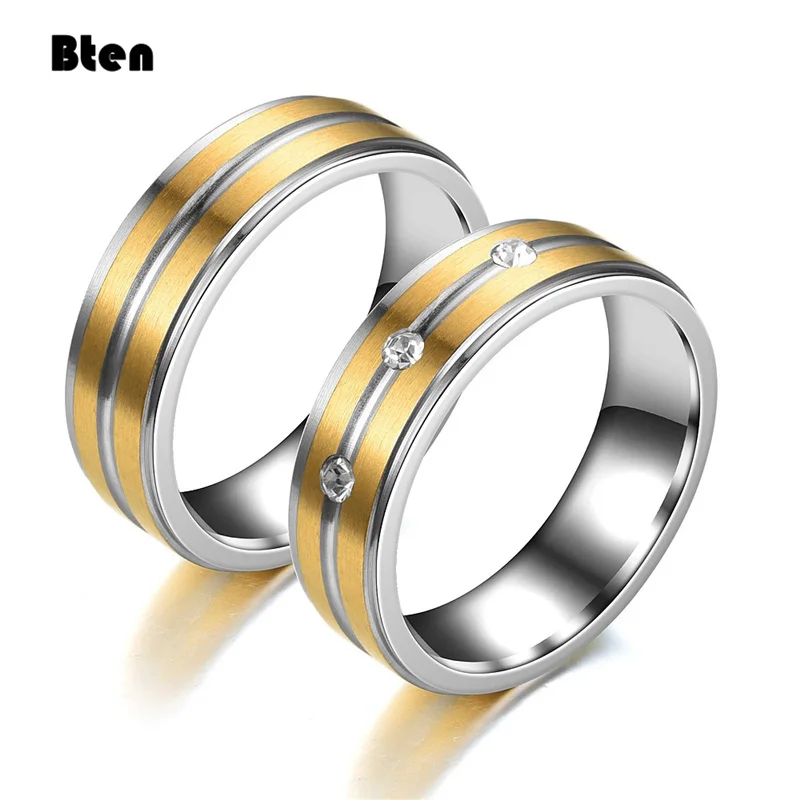 Bten Fashion Couple Ring for Women and Men Gold-color Stainless Steel Engagement Ring Wedding Jewelry