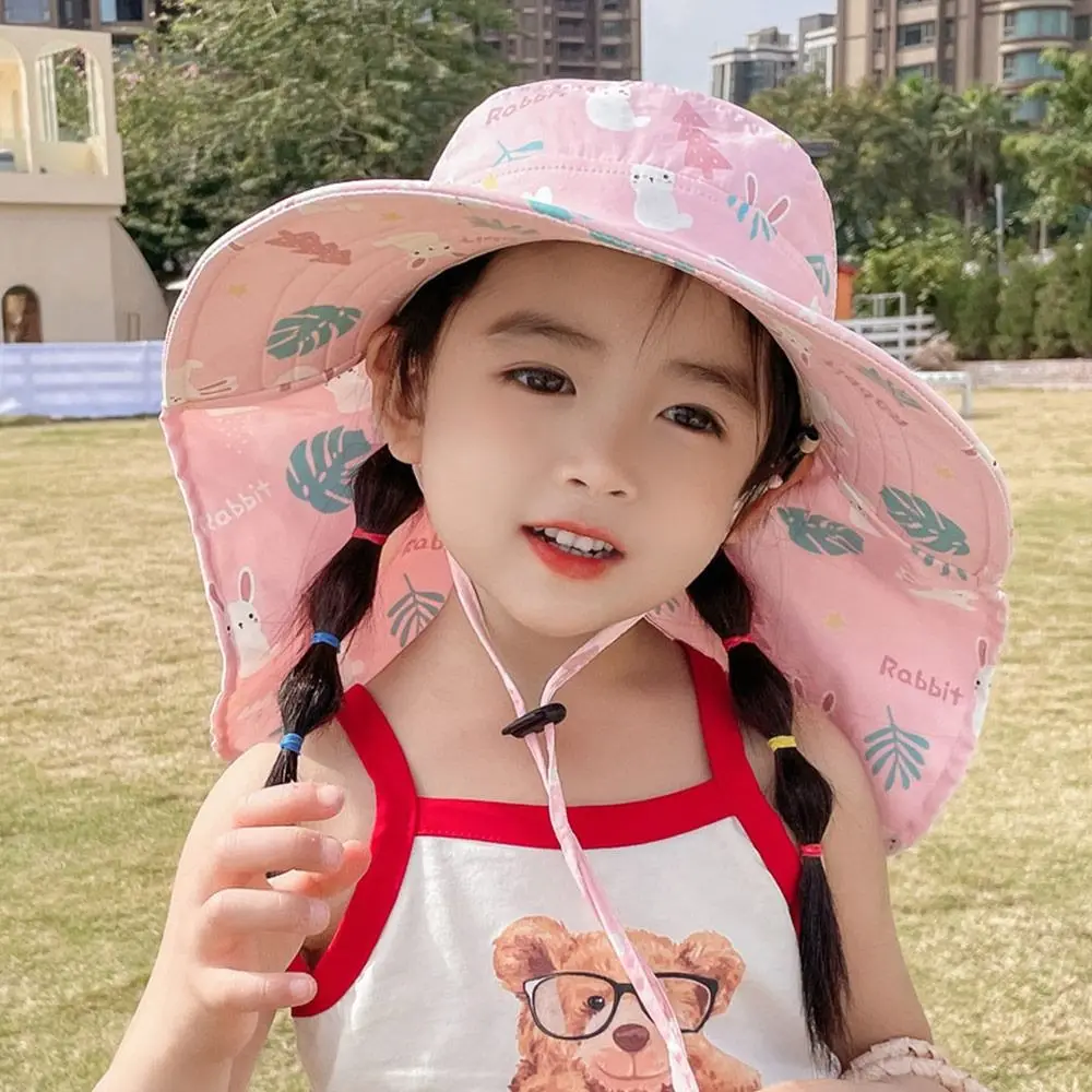 Summer Baby Sun Hat Bucket Cap With Whistle For Girls Boys Outdoor Neck Ear Cover Anti UV Kids Beach Caps