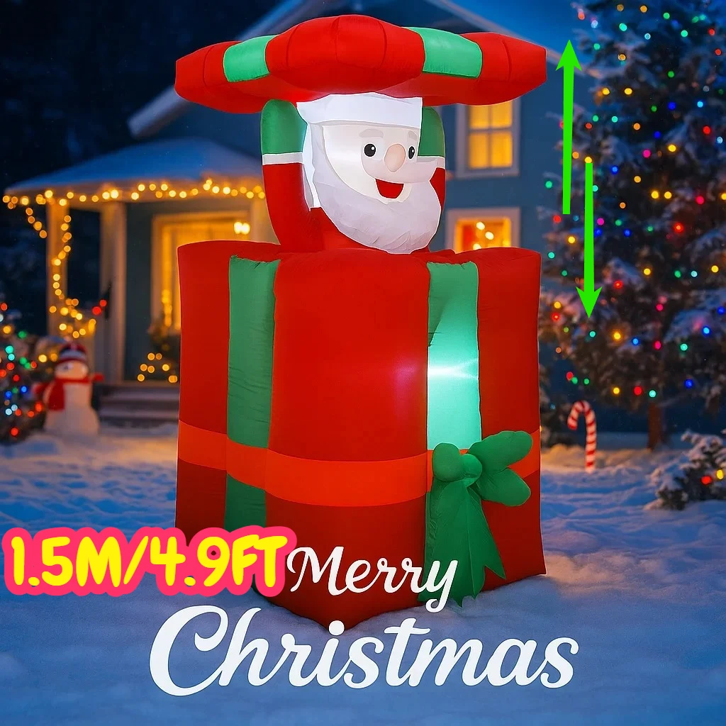 Caja de regalo inflable de Papá Noel de 1,5 M/4,9 pies, luces LED de Navidad para decoración del hogar, juguete para patio, decoración de iluminación para fiestas navideñas al aire libre