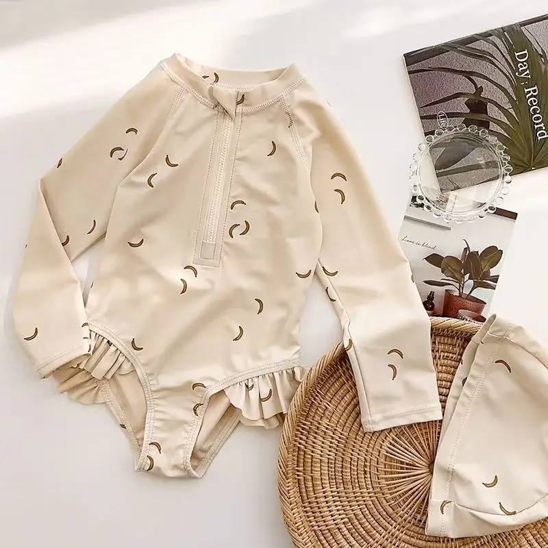Children's Swimming Costume Girls Jumpsuit Long-Sleeved Swimsuit Baby Sunscreen Quick-Dry Swimwear Kids Cute Summer Beachwear